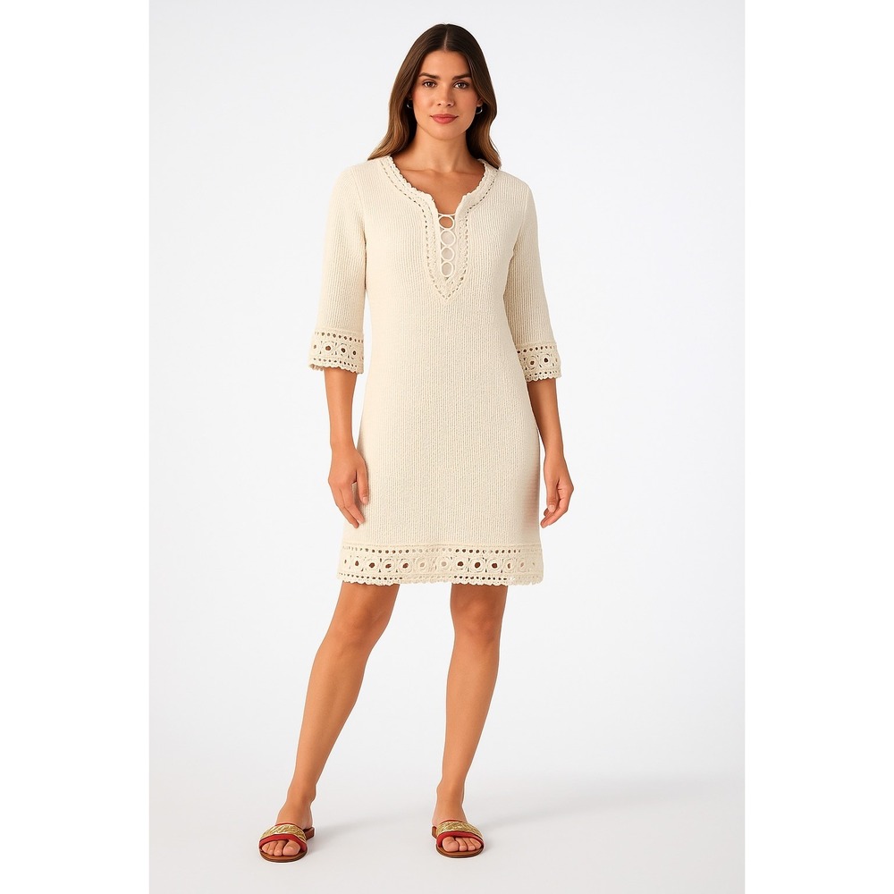 Trina Turk Knit Dress Crochet‎ Trim V Neck 3/4 Sleeve